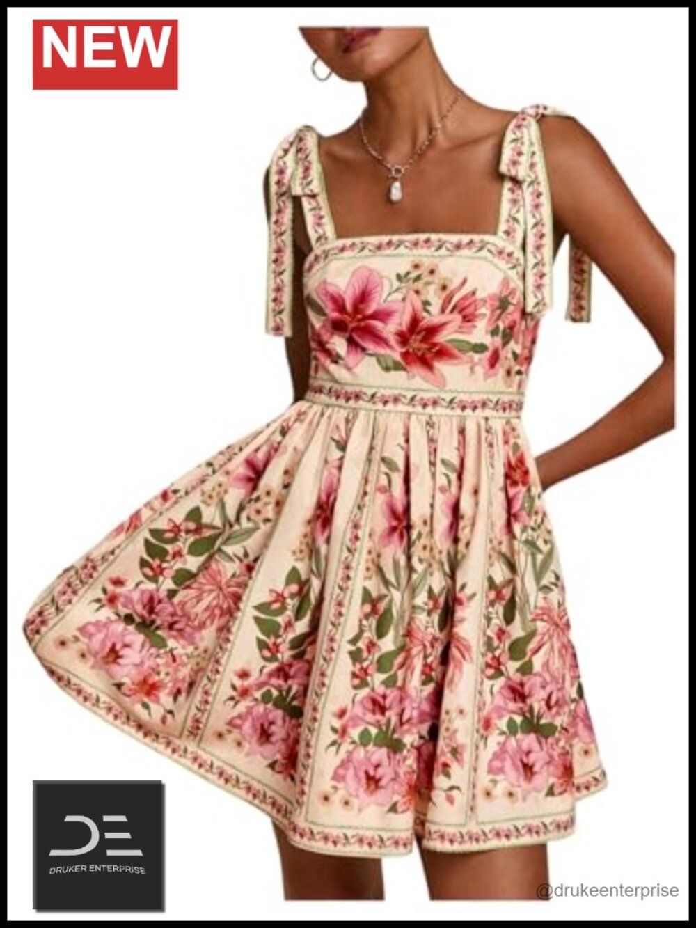 Boho Floral Mini Dress Square Neck Tie Shoulder Sleeveless Ruffle Hem Sundress
